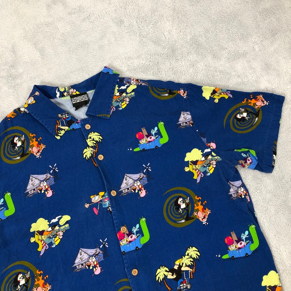 Cartoon Network Shirt Men's Medium Blue Dexter Johnny Bravo Courage Button Up